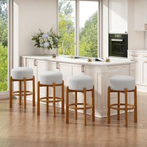 Christopher Knight Home Lera Modern Counter Height Bar Stools Set of 4, Fabric Round Stool Chair for Kitchen Island, Wooden Dining Room Chair, Upholstered Counter Stool with Footrest,Dark Walnut+Ivory(Walnut+ivory)
