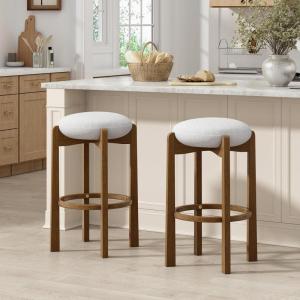 Christopher Knight Home Lilac Modern Counter Height Bar Stools Set of 2, Fabric Round Stool Chair for Kitchen Island, Wood Dining Room Chair, Upholstered Counter Stool with Footrest,Dark Walnut+Ivory(Dark Walnut+ivory)