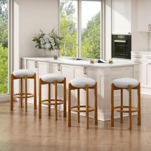 Christopher Knight Home Lilac Modern Counter Height Bar Stools Set of 4, Fabric Round Stool Chair for Kitchen Island, Wooden Dining Room Chair, Upholstered Counter Stool with Footrest, Walnut+Ivory(Walnut+ivory)