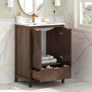 Christopher Knight Home Lisa 24 Inch Bathroom Vanity with Sink and Single Faucet Hole, Wooden Vanity Organizer with Spacious Shelf and Drawer, Bathroom Storage Cabinet with Textured Door Panel, White(Brown)