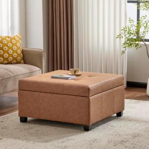 Christopher Knight Home Lorel Faux Leather Square Storage Ottoman Coffee Table, Wooden Ottoman with Storage, Entryway Modern Ottoman Foot Stool, Toy Box Storage for Living Room, Brown(Brown)
