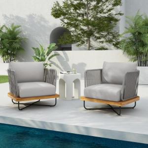 Christopher Knight Home Lucca Set of 2 Outdoor Club Chair with Cushions, Metal Frame Accent Armchair, Rope Design Chairs, Comfy Side Chair Set for Balcony Backyard Garden Poolside, Beige+Gray(Light Gray)