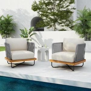 Christopher Knight Home Lucca Set of 2 Outdoor Club Chair with Cushions, Metal Frame Accent Armchair, Rope Design Chairs, Comfy Side Chair Set for Balcony Backyard Garden Poolside, Beige+Gray(Beige+gray)