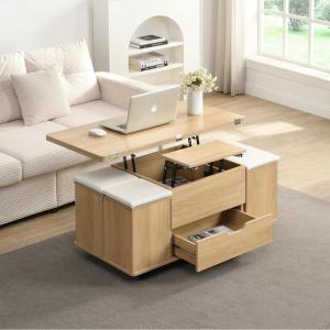 Christopher Knight Home Lucid Wooden Lift Top Coffee Table with Hidden Storage and 4 Stools, Center Table for Living Room with Compartment/Drawer, Multifunctional Table with Casters, Natural + White(Natural + White)