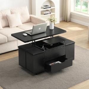 Christopher Knight Home Lucid Wooden Lift Top Coffee Table with Hidden Storage and 4 Stools, Center Table for Living Room with Compartment/Drawer, Multifunctional Table with Casters, Natural + White(Black)