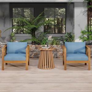 Christopher Knight Home Lucy Acacia Wood Outdoor Patio Furniture Set, 3 Pieces Patio Set, Round Side Table and ArmChairs Conversation Set with Cushion for Garden Lawn Balcony, Dark Gray + Light Teak(Blue + Light Teak)