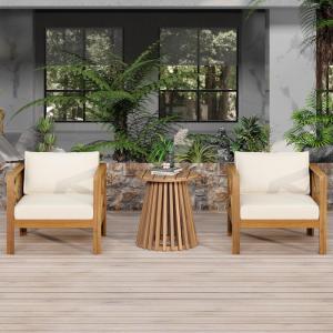 Christopher Knight Home Lucy Acacia Wood Outdoor Patio Furniture Set, 3 Pieces Patio Set, Round Side Table and ArmChairs Conversation Set with Cushion for Garden Lawn Balcony, Dark Gray + Light Teak(Beige + Light Teak)