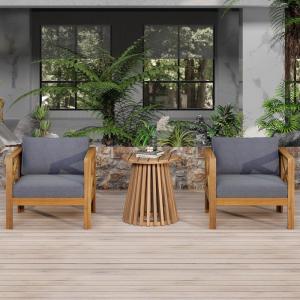 Christopher Knight Home Lucy Acacia Wood Outdoor Patio Furniture Set, 3 Pieces Patio Set, Round Side Table and ArmChairs Conversation Set with Cushion for Garden Lawn Balcony, Dark Gray + Light Teak(Dark Gray + Light Teak)