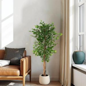 Christopher Knight Home Luke 63”H Pre-Potted Artificial Tree Indoor, Artificial Ficus with Nursery Pot, Faux Tree with Natural Wood Trunk for Home Office Decor, 1pcs with Black Plastic Pot, Green(Green/63”h)