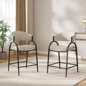 Christopher Knight Home Mabel Modern Counter Height Bar Stools Set of 2, Fabric Upholstered Bar Stool for Kitchen Island, Metal Frame Dining Armchair, Counter Stool with Footrest, Beige+Black