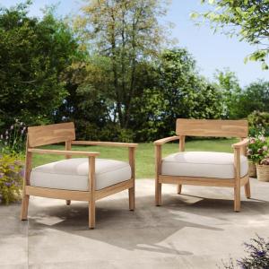 Christopher Knight Home Manny Acacia Wood Patio Accent Chair Set of 2, Wooden Lounge Chair Outdoor, Comfy Reading Chair with Removable Cushion, Curved Backrest Lounge Sofa, Teak+Beige