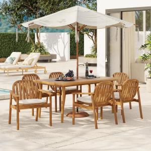 Christopher Knight Home Meja Acacia Wood Outdoor Dining Set for 6, Wooden 7 Piece Patio Dining Table Set, Wooden Outdoor Dining Armchair and Table Set with Cushion, Patio Furniture Set, Teak+Beige
