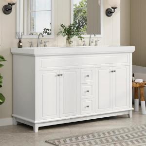 Christopher Knight Home Meril 47.25″ Bathroom Vanity with Resin Sink, Bathroom Vanity Storage Cabinet with Sink, Soft-Close 6 Drawers and 2 Doors with 2-Tier Shelves, Pinewood Leg Freestanding, White(57.50″)