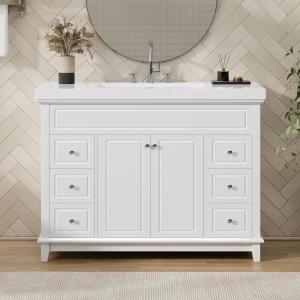 Christopher Knight Home Meril 47.25″ Bathroom Vanity with Resin Sink, Bathroom Vanity Storage Cabinet with Sink, Soft-Close 6 Drawers and 2 Doors with 2-Tier Shelves, Pinewood Leg Freestanding, White(47.25″)