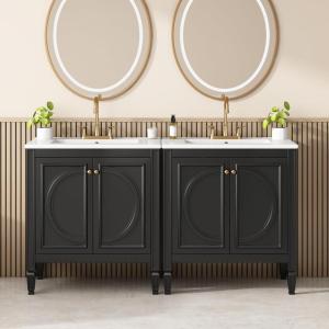 Christopher Knight Home Meril Bathroom Vanity Cabinets with Sinks Set of 2, Double Sink Combo Set Bathroom Vanity, Soft-Close Door with Storage Shelves and Drawers, Side Storage Shelves, Green(Black)