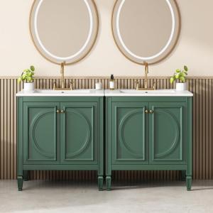 Christopher Knight Home Meril Bathroom Vanity Cabinets with Sinks Set of 2, Double Sink Combo Set Bathroom Vanity, Soft-Close Door with Storage Shelves and Drawers, Side Storage Shelves, Green(Green)