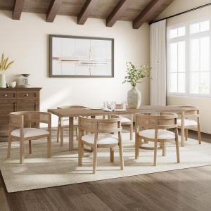 Christopher Knight Home Mizqz 95 Inch Large Dining Table Set with 6 Chairs, Modern Wooden Dining Set for 6, Kitchen Table Chairs Set, Upholstered Chair with Cane Rattan Back, Beige + Natural Ash(Beige + Natural Ash)