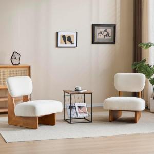 Christopher Knight Home Mores Low Profile Accent Chair Set of 2, Modern Living Room Armless Lounge Chair, Fabric Comfy Reading Chair for Bedroom, Wooden Frame and Thick Padded Seat, White+Walnut(Beige + Natural)