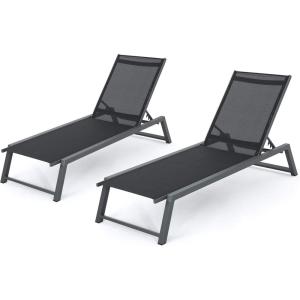 Christopher Knight Home Myers Outdoor Mesh Chaise Lounges with Aluminum Frame, 2-Pcs Set, Black Mesh / Grey
