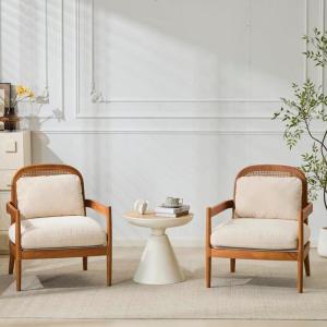 Christopher Knight Home Nadine Accent Chairs Set of 2, Wooden Club Chair, Rattan Open Back Armchair, Accent Reading Sofa Chair with Cushions, Club Chairs Set of 2 for Living Room Bedroom, Beige+Teak(Beige+teak)