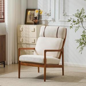 Christopher Knight Home Nadine Wooden Club Chair, Upholstered Accent Chair, Cushions Support Armchair, Comfy Lounge, Single Reading Sofa, Solid Wood Frame Armchair for Living Room Home, Ivory+Teak(Beige+teak)