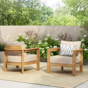 Christopher Knight Home Nami Set of 2 Patio Acacia Wood Club Chair with Cushions, Comfy Lounge Chair Outdoor, Stylish Garden Seating, Semi-Circular Back Armchair for Backyard, Beige + Light Teak