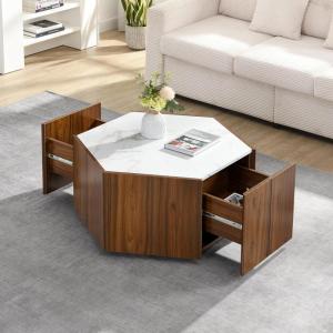 Christopher Knight Home Nancy Hexagonal Coffee Table with Storage, Living Room Table with 2 Drawers, Modern Style with Faux Marble Textured Top, Center Tables for Reception Areas, Black+Light Brown(White + Walnut)