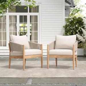 Christopher Knight Home Naomi Set of 2 Patio Acacia Wood Club Chair with Cushions, Handwoven Rope Lounge Chair Outdoor for Porch/Backyard, Stylish Garden Seating with Curved Backrest, Beige + Black(Beige + Light Brown)