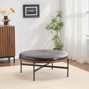 Christopher Knight Home Neapo Faux Leather Round Ottoman, Cocktail Ottoman, Upholstery Coffee Table, Comfortable Footstool, Durable Metal Frame, Spacious Seating for Living Room Entryway, Brown+Black(Dark Brown)