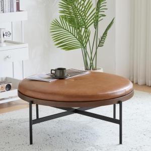 Christopher Knight Home Neapo Faux Leather Round Ottoman, Cocktail Ottoman, Upholstery Coffee Table, Comfortable Footstool, Durable Metal Frame, Spacious Seating for Living Room Entryway, Brown+Black(Brown+black)