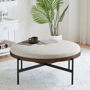 Christopher Knight Home Neapo Faux Leather Round Ottoman, Cocktail Ottoman, Upholstery Coffee Table, Comfortable Footstool, Durable Metal Frame, Spacious Seating for Living Room Entryway, Brown+Black(Beige+black)