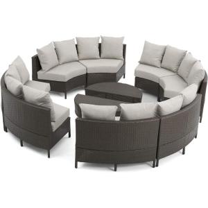 Christopher Knight Home Newton Outdoor 16-Seater Wicker Sofa Set with Water Resistant Fabric Cushions, Brown / Ceramic Grey