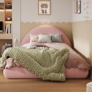 Christopher Knight Home Nielda Teddy Fleece Upholstered Twin Size Bed Frame with Headboard, Modern Twin Bed Frame and Headboard, Wooden Slats Support, Easy Assembly, No Box Spring Needed, Pink(Pink)