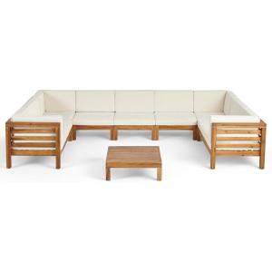 Christopher Knight Home Oana Outdoor Acacia Wood 9 Seater Sectional Sofa Chat Set with Cushions, 28 “W x 30.25 “D x 26.5 “H, Teak + Beige