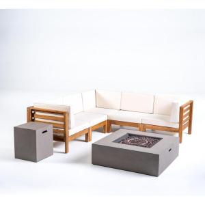 Christopher Knight Home Oana V-Shaped Sectional Sofa Set with Fire Pit-7-Piece 5-Seater-Acacia Wood-Outdoor Cushions, 28 “W x 30.25 “D x 26.5 “H, Teak + Beige + Light Gray