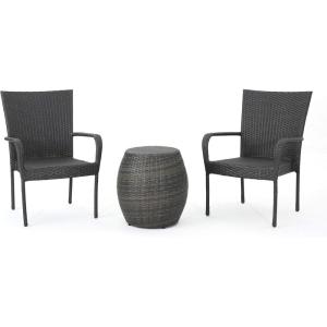 Christopher Knight Home Orleans Outdoor Wicker Chat Set, 3-Pcs Set, Grey