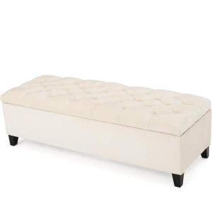 Christopher Knight Home Ottilie Boucle Fabric Storage Ottoman Bench, Wooden Rectangular Ottoman with Storage, Bedroom End of Bed Foot Stool, Entryway Ottoman Footrest, Living Room Extra Seat, Green(Ivory velvet)
