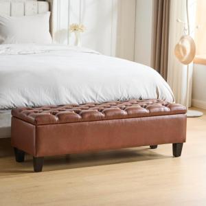 Christopher Knight Home Ottilie Boucle Fabric Storage Ottoman Bench, Wooden Rectangular Ottoman with Storage, Bedroom End of Bed Foot Stool, Entryway Ottoman Footrest, Living Room Extra Seat, Green(Brown/Pu)