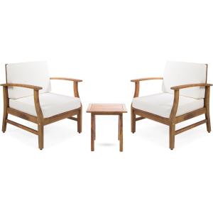 Christopher Knight Home Outdoor 2 Seater Acacia Wood Chat Set with Cushions, Teak and Cream