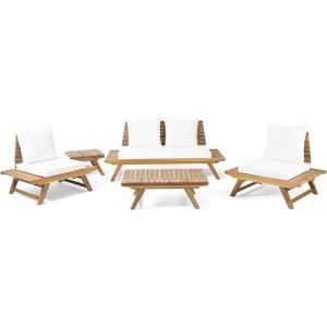 Christopher Knight Home Outdoor Acacia Wood 4 Seater Chat Set with Side Table and Coffee Table, Teak and White