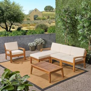 Christopher Knight Home Outdoor Acacia Wood 4-Seater Sectional Conversation Set with Ottoman and Coffee Table, Teak Finish and Beige Cushions