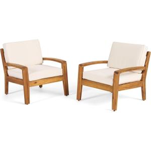 Christopher Knight Home Outdoor Acacia Wood Club Chairs with Cushions (Set of 2), Teak and Beige