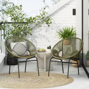 Christopher Knight Home Outdoor Wicker Club Chairs Set of 2, Iron Frame Papasan Chairs for Patio Furniture Set, Poolside Garden Comfy Sofa Set, Green(Green)