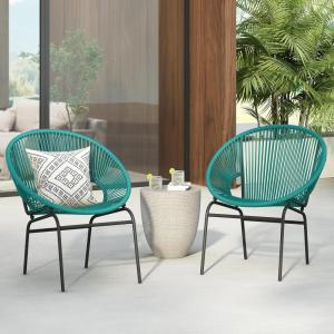 Christopher Knight Home Outdoor Wicker Club Chairs Set of 2, Iron Frame Papasan Chairs for Patio Furniture Set, Poolside Garden Comfy Sofa Set, Green(Teal)