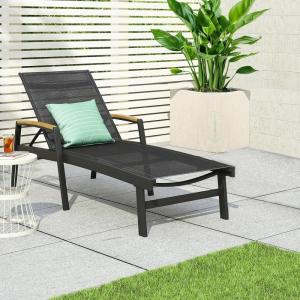 Christopher Knight Home Patio Aluminum Chaise Lounge, Adjustable Mesh Chaise Lounge, 5 Position Back Recliner, Lounge Chair with Armrest, Ourdoor Deep Seating Lounge for Poolside Backyard, Black(Black+natural)