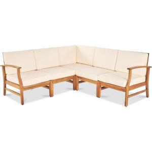 Christopher Knight Home Perla 5 Piece Patio Furniture Set, 5 Seater Acacia Wood Outdoor Corner Sofa Set, Patio Sectional Sofa Couch with Water Resistant Cushions, Teak+Cream