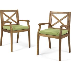 Christopher Knight Home Peter | Outdoor Acacia Wood Dining Chair Set of 2, Teak/Green Cushion