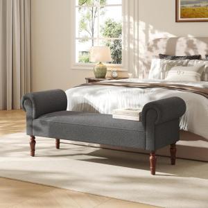 Christopher Knight Home Peter 59″ Teddy Fabric Upholstered End of Bed Ottoman, Wooden Ottoman Bench with Rolled Arms, Long Entryway Foot Rest, Bedroom End of Bed Foot Stools, Grey(Grey)