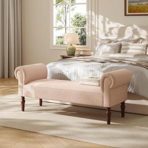 Christopher Knight Home Peter 59″ Teddy Fabric Upholstered End of Bed Ottoman, Wooden Ottoman Bench with Rolled Arms, Long Entryway Foot Rest, Bedroom End of Bed Foot Stools, Grey(Light Khaki)
