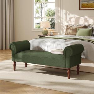 Christopher Knight Home Peter 59″ Teddy Fabric Upholstered End of Bed Ottoman, Wooden Ottoman Bench with Rolled Arms, Long Entryway Foot Rest, Bedroom End of Bed Foot Stools, Grey(Olive Green)